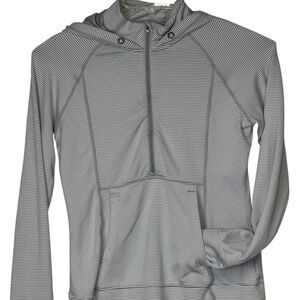 Athleta Gray White Striped Quarter Zip Hoodie Jacket Kangaroo Pocket Women's Med